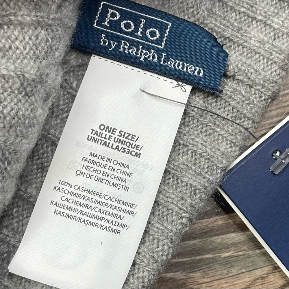 Polo Ralph Lauren Women's Cable-Knit Cashmere Pom Cuffed Beanie Gray NWT $198‎ - Picture 2 of 5